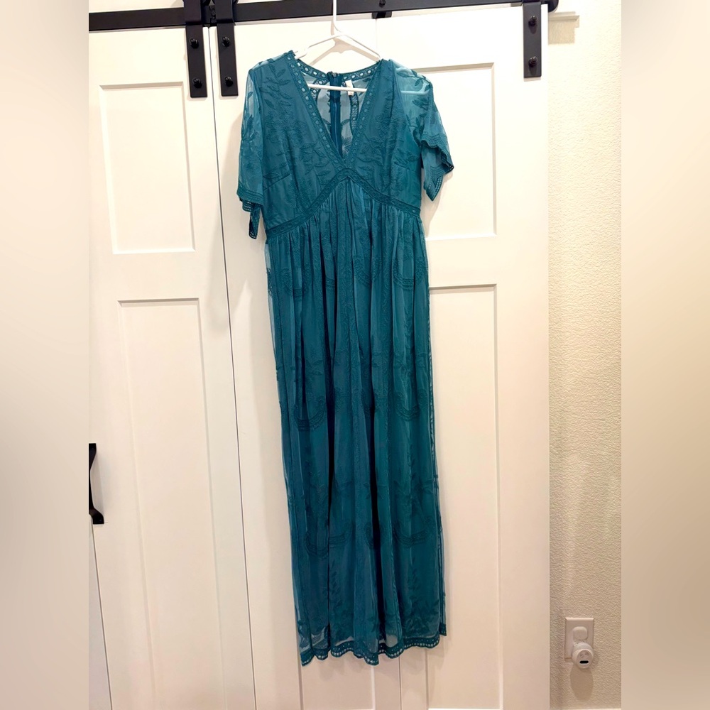 PinkBlush Teal Lace Mesh Overlay Maternity Maxi Dress